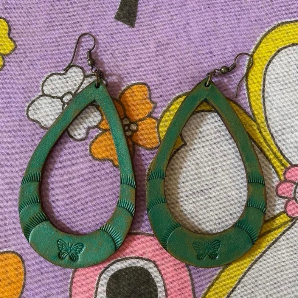 Handmade New Artisan Copper Leather Teal Earrings